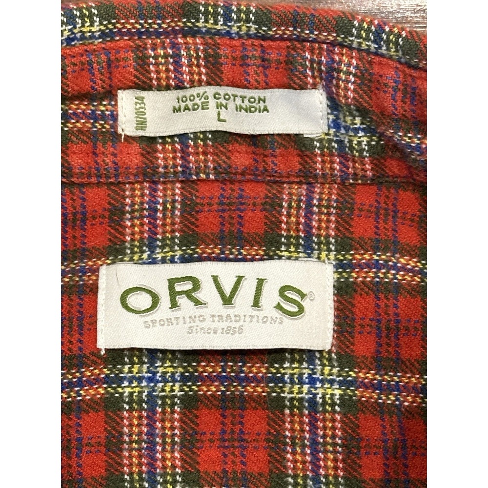 ORVIS Heavy Flannel Shirt Jacket Red Plaid Camp Shacket Pockets Cotton Mens L - Picture 4 of 10